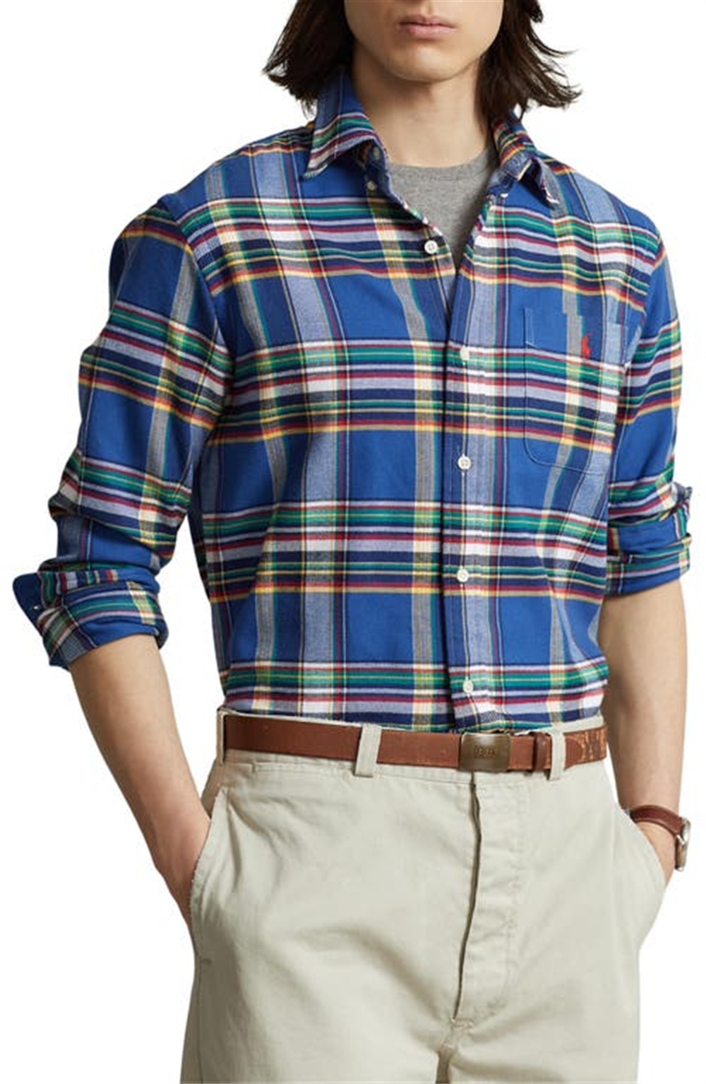 Camisa Ralph Lauren Masculina Xadrez Stretch Performance Flanela Botões Azul Tamanho P