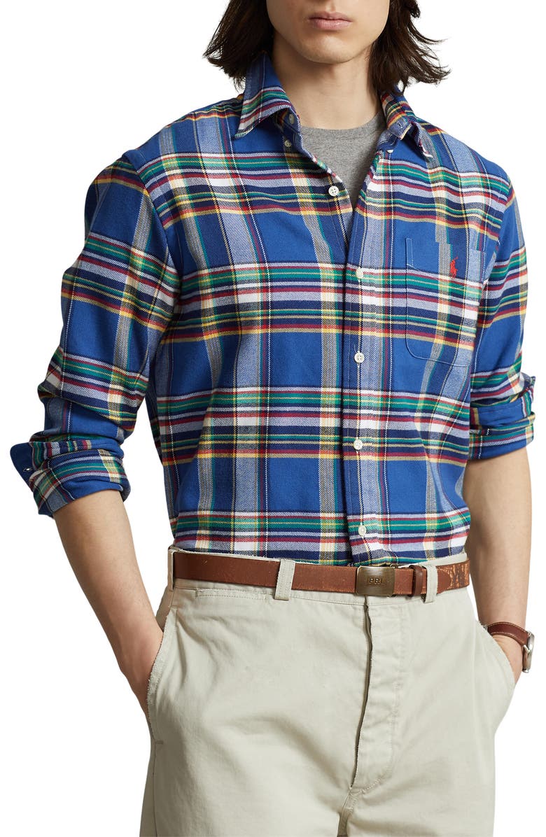 Camisa Ralph Lauren Masculina Xadrez Stretch Performance Flanela Botões Azul Tamanho XX-G
