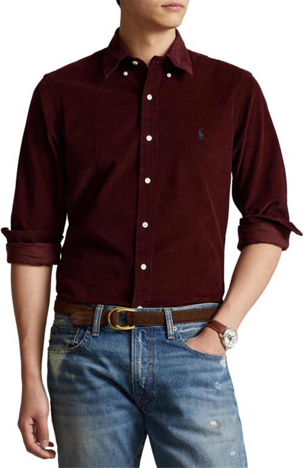 Camisa Ralph Lauren Masculina Classic Fit Veludo Cotelê com Botões Vermelha Tamanho Médio