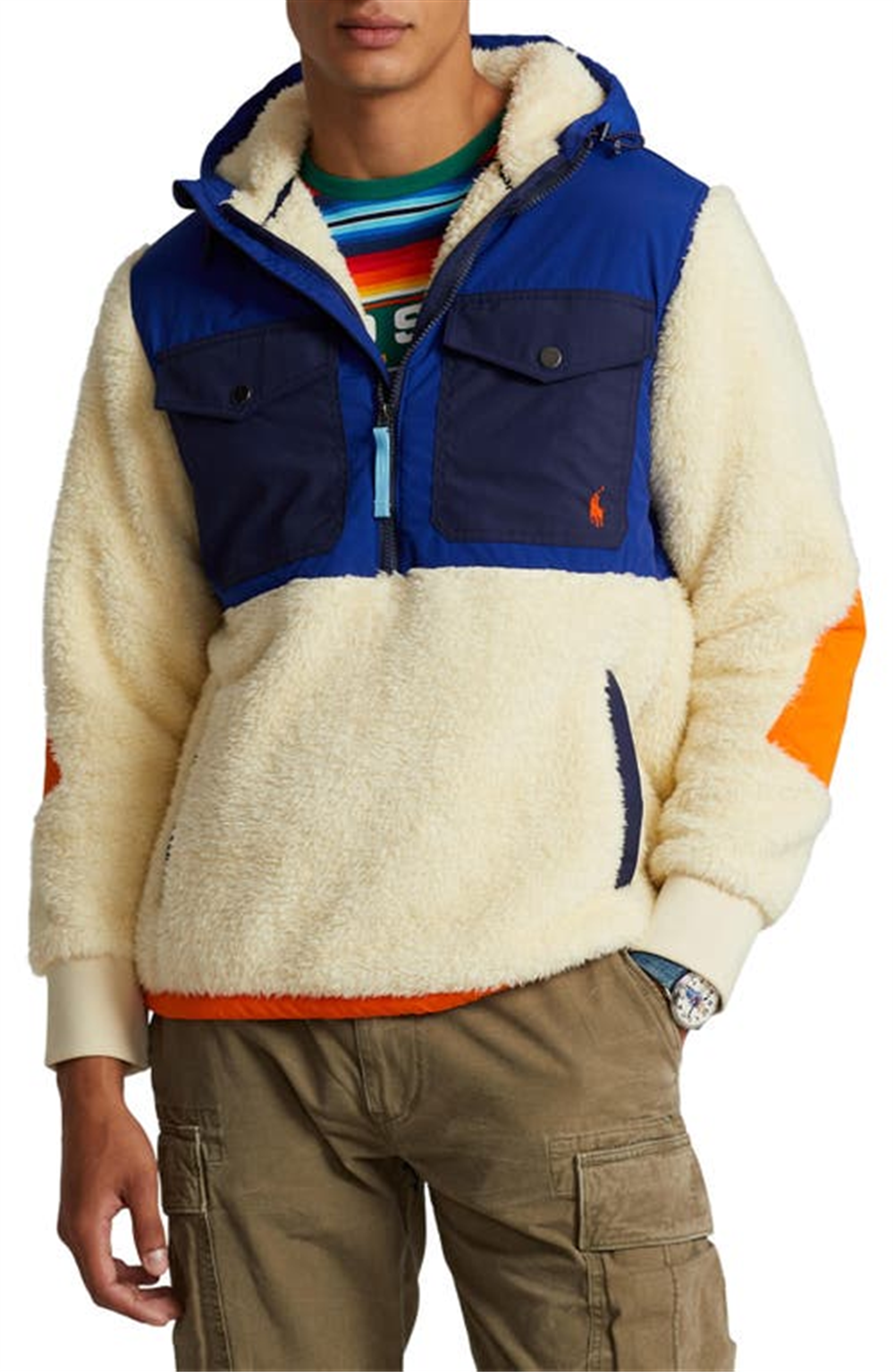 Ralph Lauren Masculino Moletom com Capuz Híbrido de Lã com Pelo Alto e Meio Zíper, Bege, Tamanho XXG