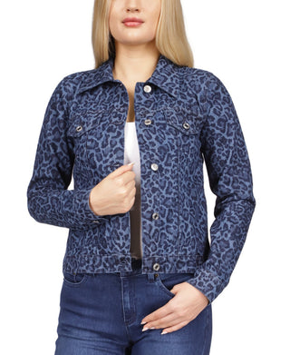 Jaqueta jeans feminina Michael Kors de algodão com estampa de leopardo, azul, tamanho pequeno