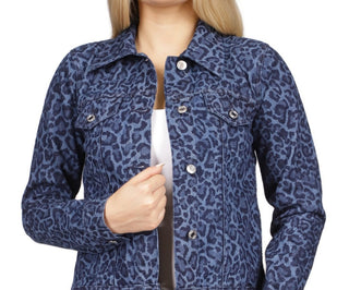 Jaqueta jeans feminina Michael Kors de algodão com estampa de leopardo, azul, tamanho pequeno