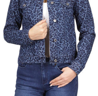 Jaqueta jeans feminina Michael Kors de algodão com estampa de leopardo, azul, tamanho pequeno