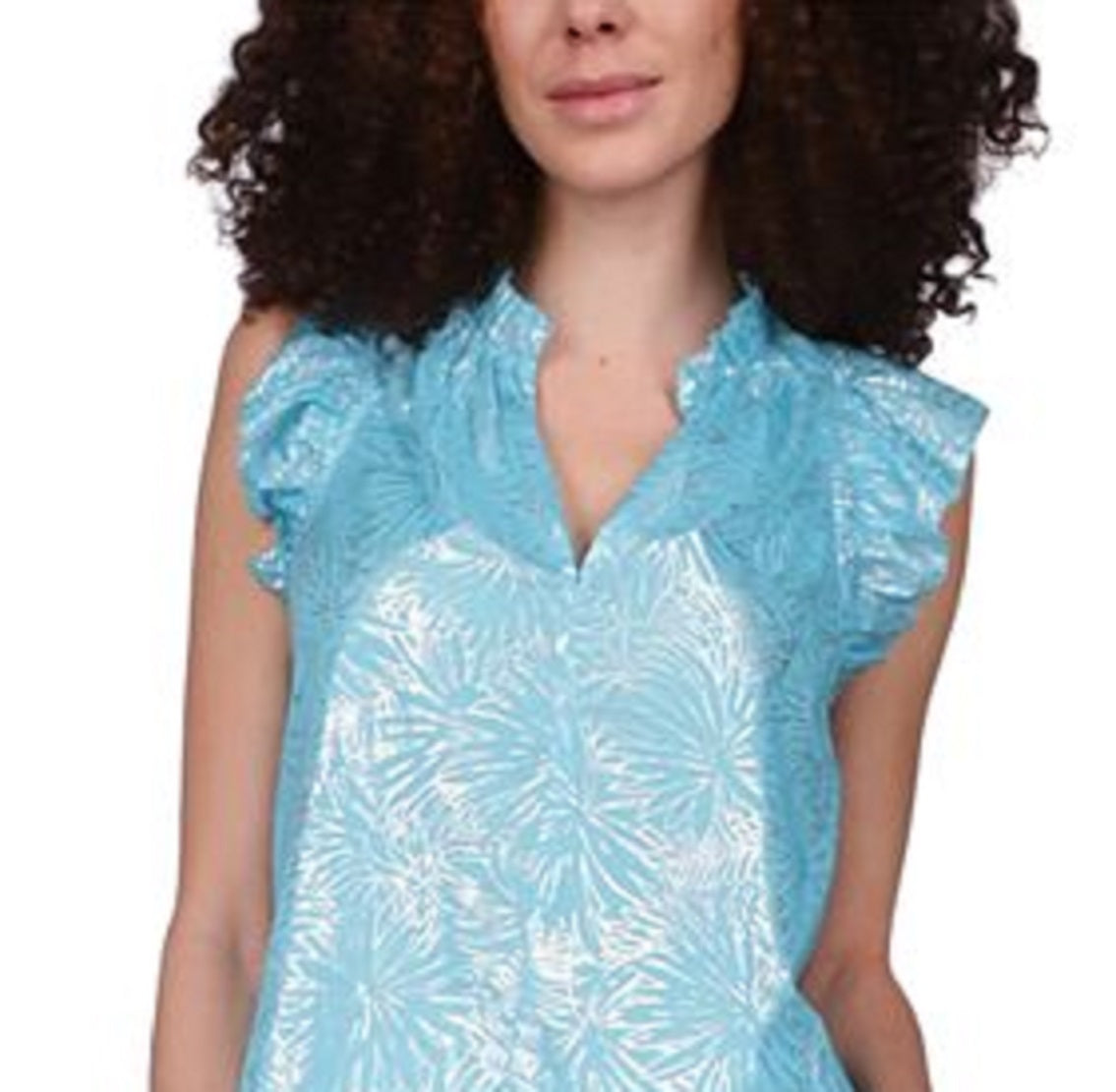Blusa feminina Michael Kors com babados e estampa de folha de algodão azul, tamanho XX-S