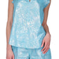 Blusa feminina Michael Kors com estampa de folha de algodão e babados, azul, tamanho grande