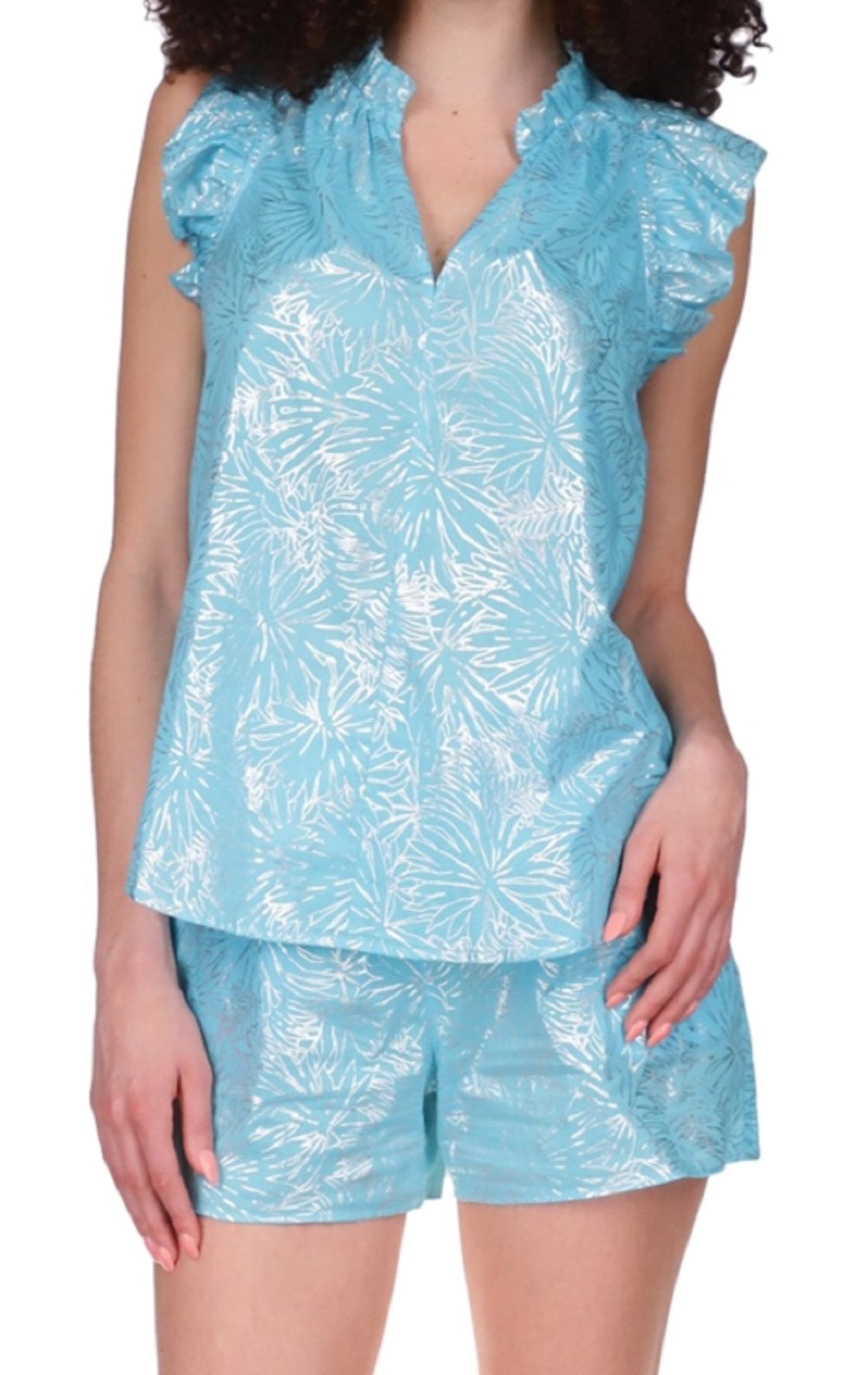 Blusa feminina Michael Kors com estampa de folha de algodão e babados, azul, tamanho grande