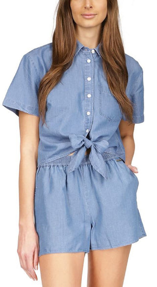 Michael Kors Camiseta Feminina Amarrada na Frente Azul Tamanho Grande