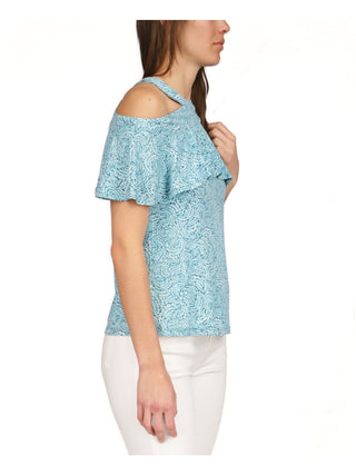 Michael Kors Blusa Halter Feminina Aqua com Zíper, Ombros Vazados, Babados e Sem Forro, Manga Curta, Azul, Tamanho X-S