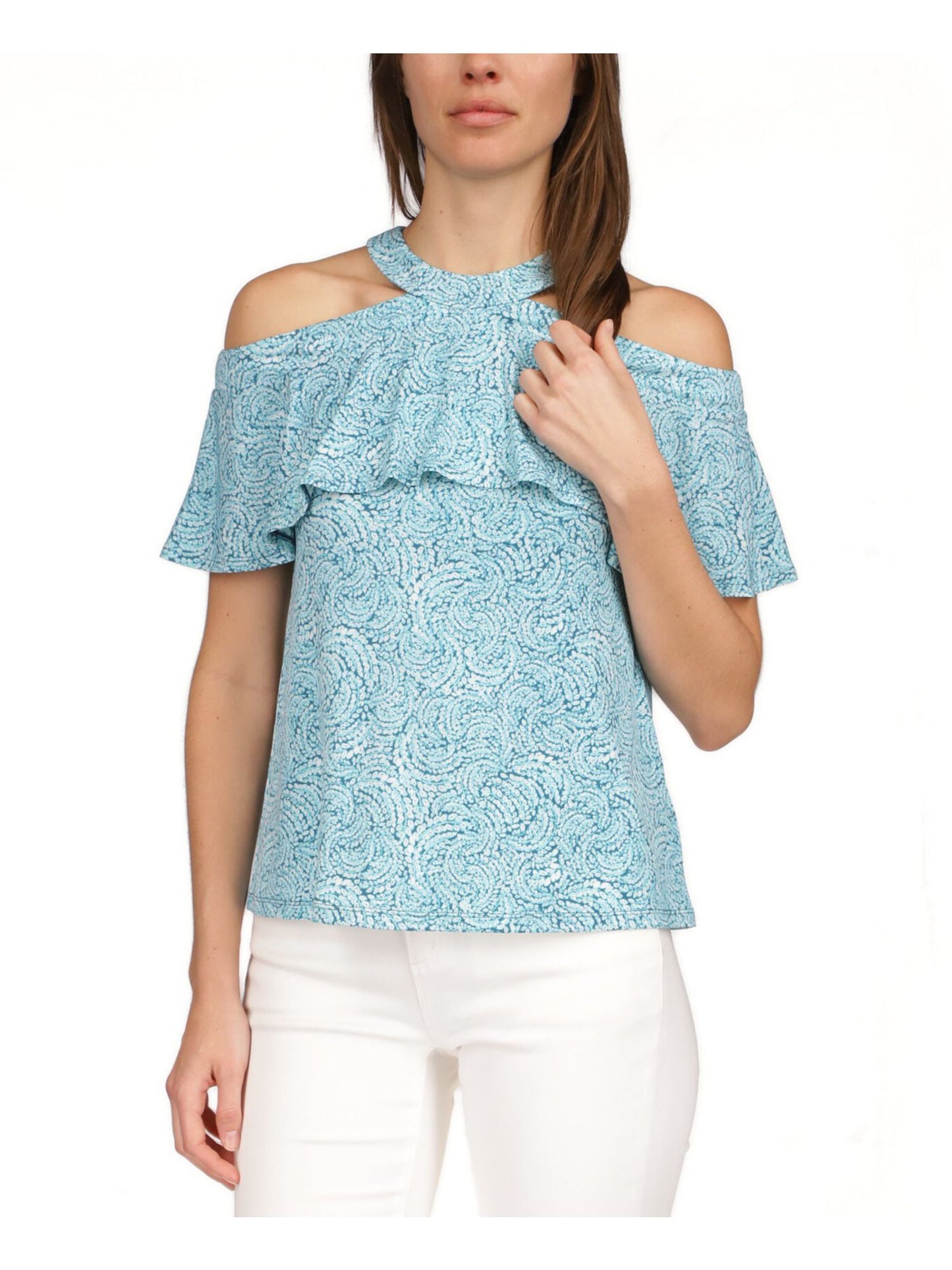Michael Kors Top Halter Feminino com Zíper, Ombros Vazados, Babados e Sem Forro, Manga Curta, Azul, Tamanho P