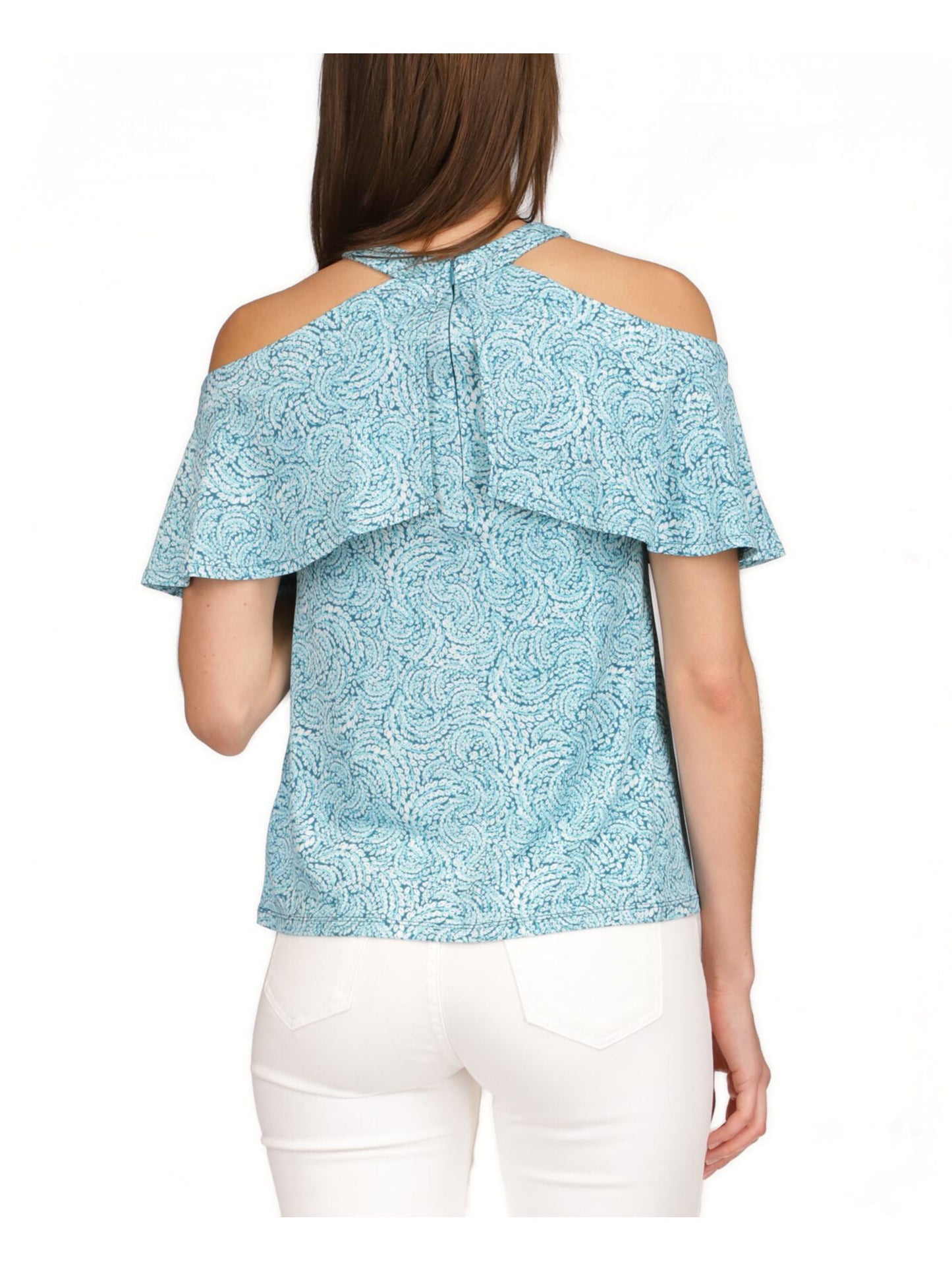 Michael Kors Top Halter Feminino com Zíper, Ombros Vazados, Babados e Sem Forro, Manga Curta, Azul, Tamanho P