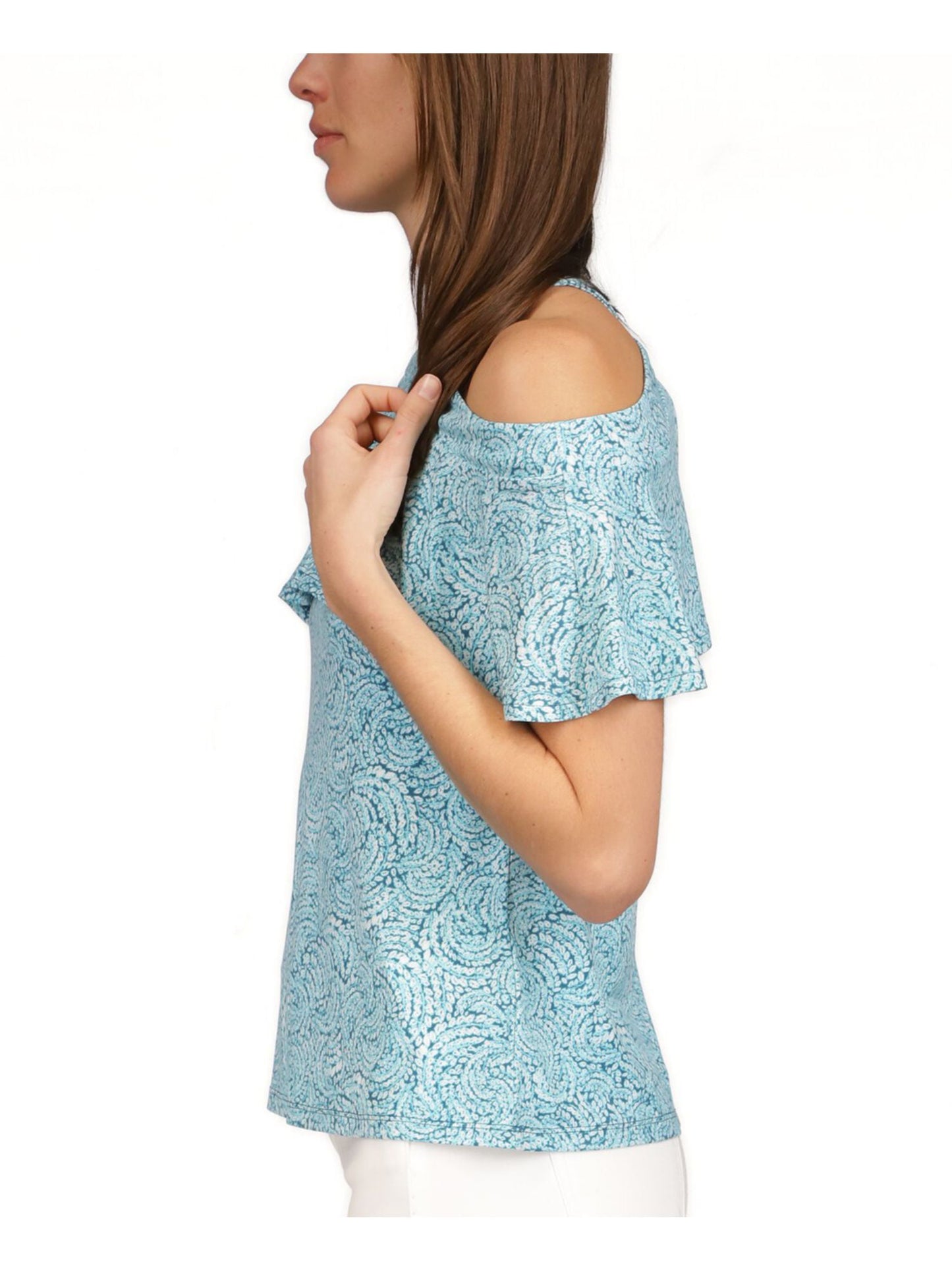 Michael Kors Top Halter Feminino com Zíper, Ombros Vazados, Babados e Sem Forro, Manga Curta, Azul, Tamanho P