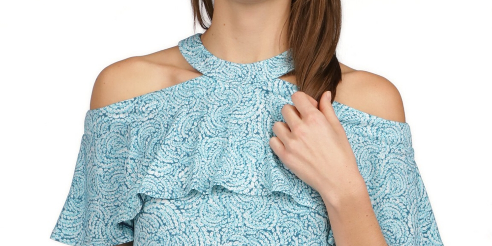 Michael Kors Top Halter Feminino com Zíper, Ombros Vazados, Babados e Sem Forro, Manga Curta, Azul, Tamanho P