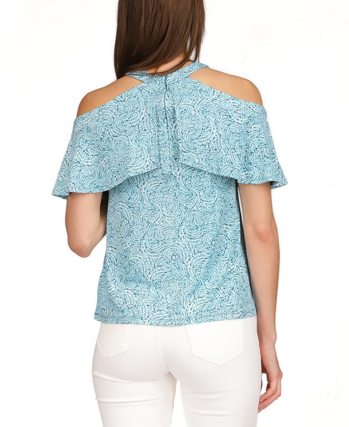 Blusa feminina Michael Kors com estampa de babados e ombros descobertos, azul, tamanho grande