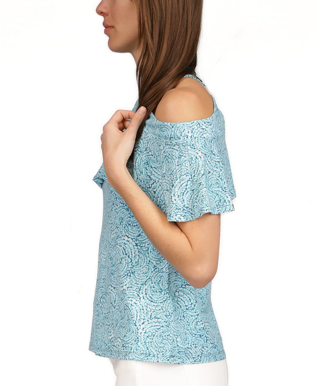 Blusa feminina Michael Kors com estampa de babados e ombros descobertos, azul, tamanho grande