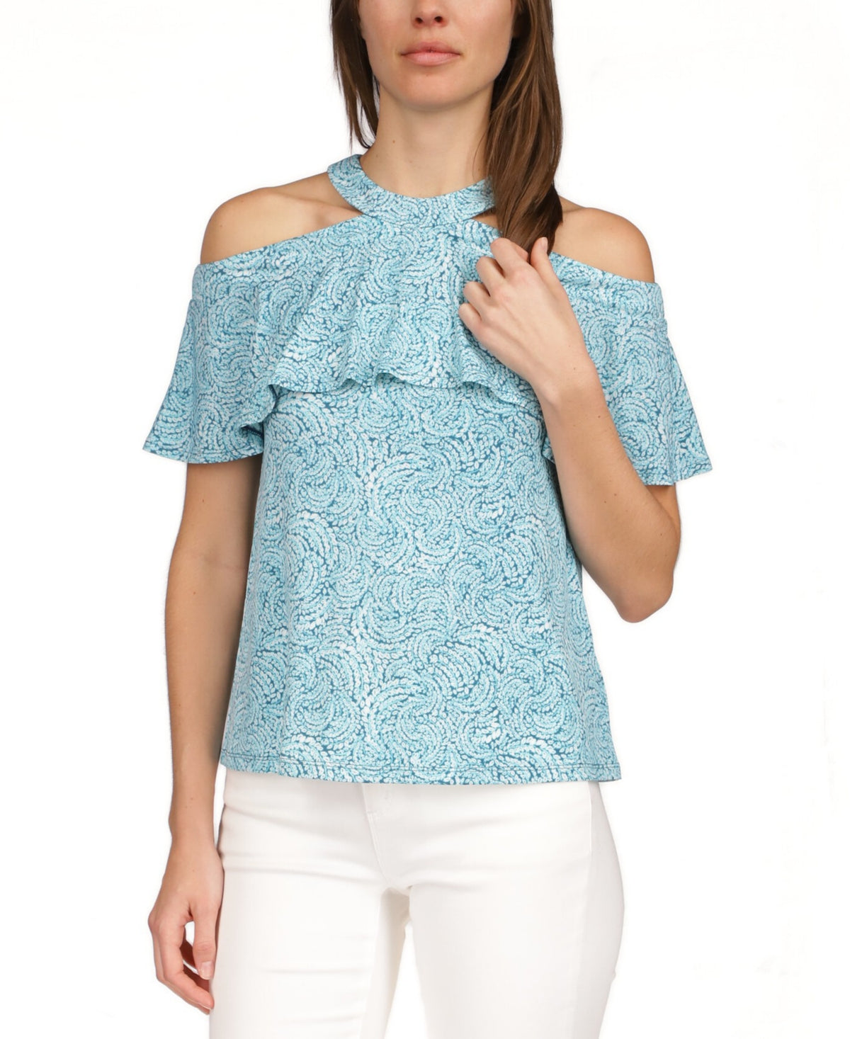 Blusa feminina Michael Kors com estampa de babados e ombros descobertos, azul, tamanho grande