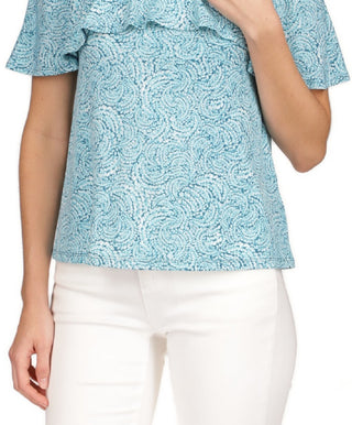 Blusa feminina Michael Kors Shibori com babados e ombros descobertos, azul, tamanho extragrande