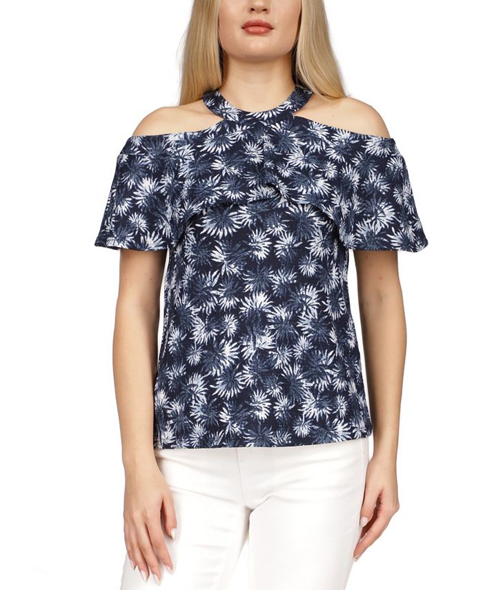 Top Halter com Babados Estampados e Ombros Vazados Michael Kors Feminino Azul Tamanho Médio