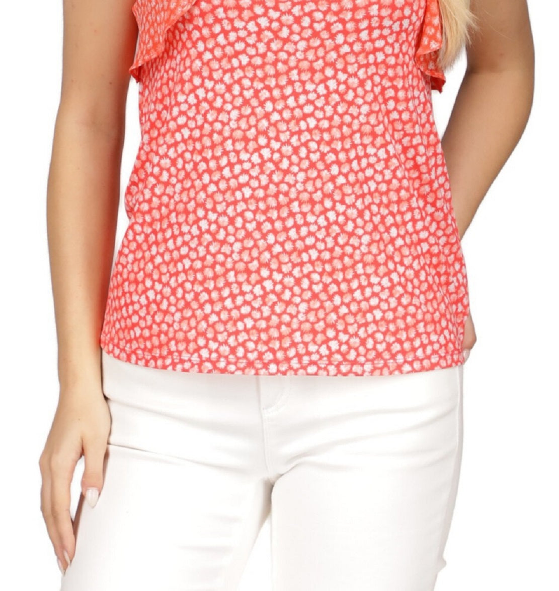 Blusa feminina Michael Kors estampada com babados e sem mangas, vermelha, tamanho X-G