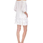 Blusa feminina Michael Kors com ilhós e punhos elásticos transparentes, manga 3/4, ombro de fora, branca, tamanho médio