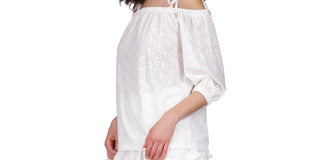 Blusa feminina Michael Kors com ilhós e punhos elásticos transparentes, manga 3/4, ombro de fora, branca, tamanho médio