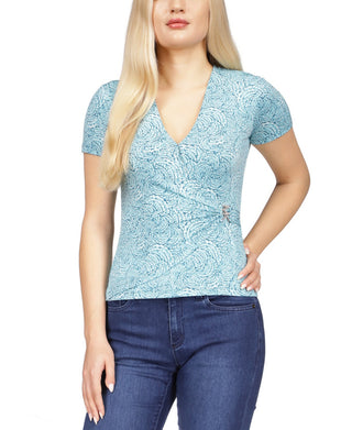 Blusa envolvente sintética com acabamento em ferragens estampadas Michael Kors para mulheres, azul, tamanho XX-G