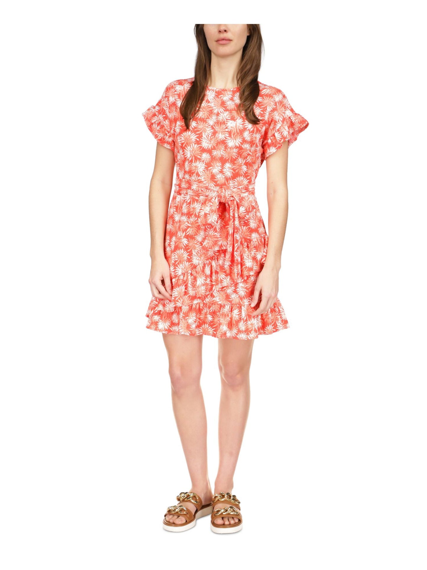 Vestido feminino Michael Kors com zíper, babados, estampado, manga curta, gola redonda, acima do joelho, vermelho, tamanho médio