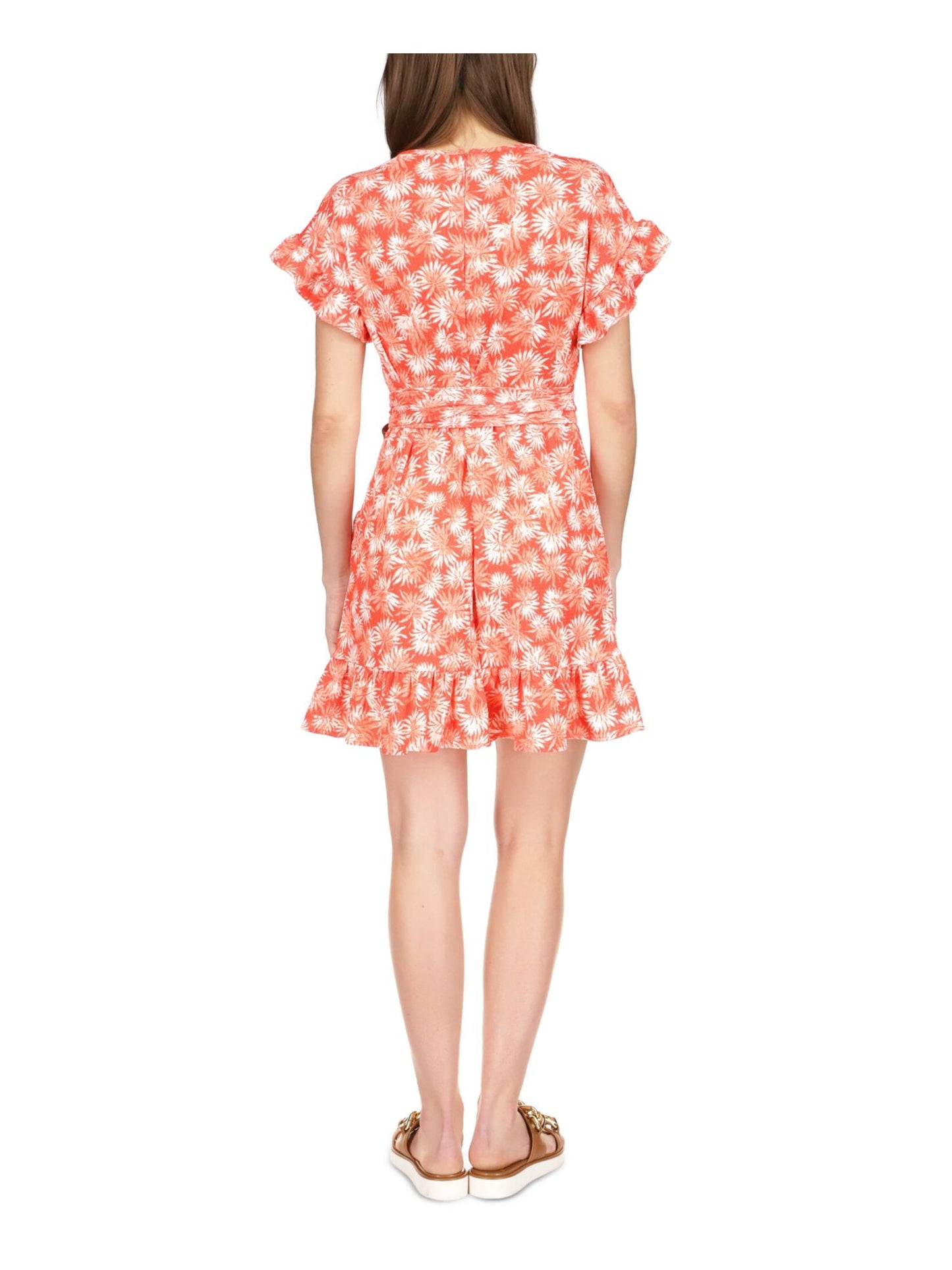 Vestido feminino Michael Kors com zíper, babados, estampado, manga curta, gola redonda, acima do joelho, vermelho, tamanho médio