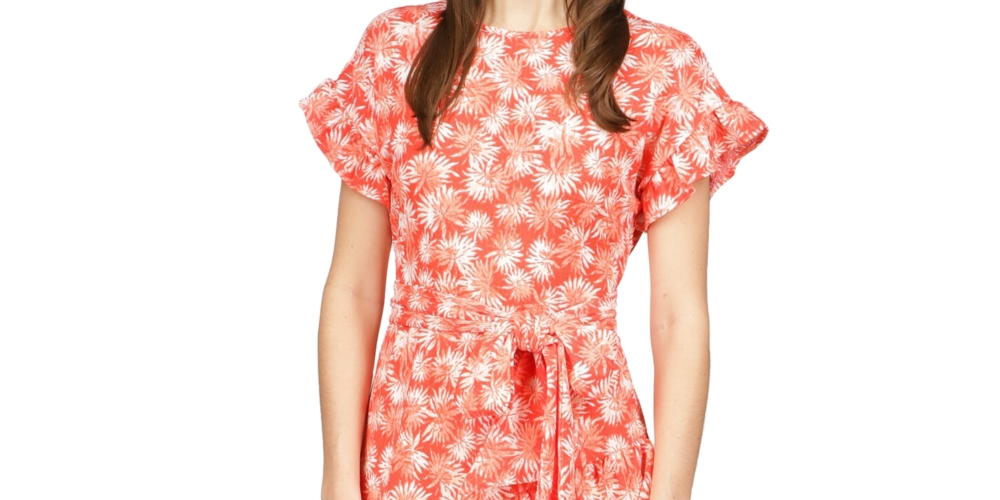 Vestido feminino Michael Kors com zíper, babados, estampado, manga curta, gola redonda, acima do joelho, vermelho, tamanho médio