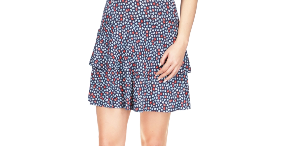 Vestido feminino Michael Kors Palm sem mangas com babados e bainha azul, tamanho grande