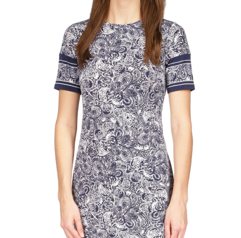 Vestido feminino Michael Kors com estampa Paisley e acabamento em borda, azul, tamanho médio