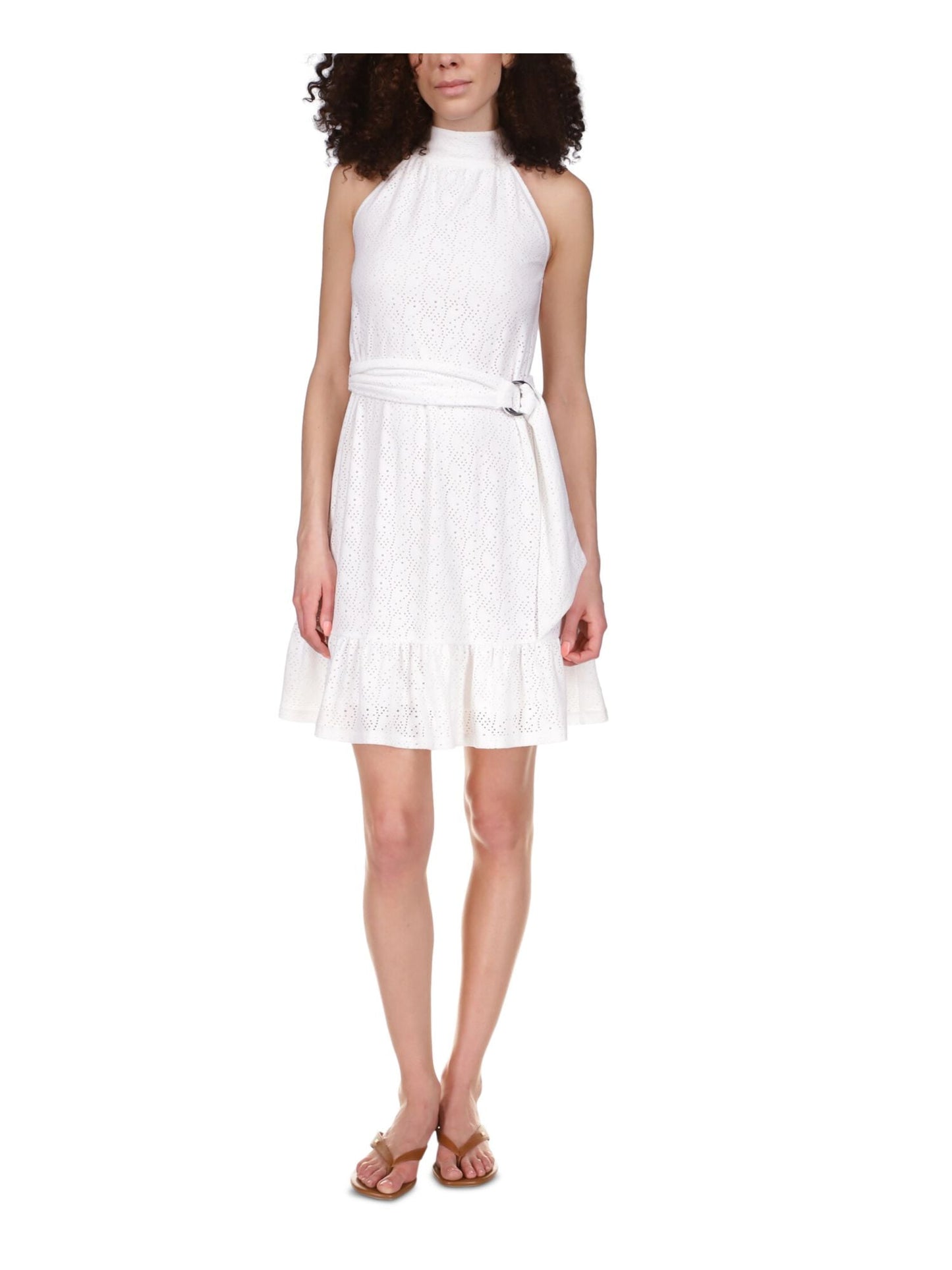 Vestido feminino Michael Kors com decote falso e ilhós, branco, tamanho extragrande