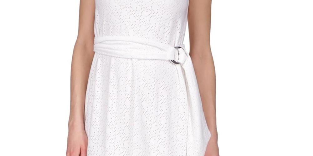 Vestido feminino Michael Kors com decote falso e ilhós, branco, tamanho extragrande
