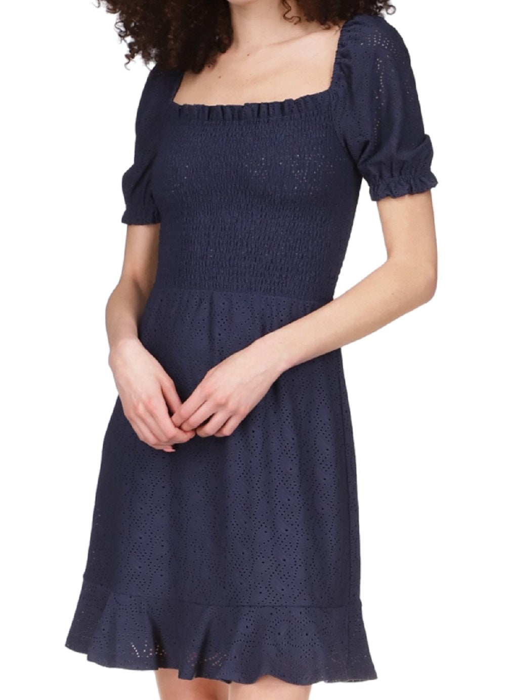 Vestido camponês Michael Kors feminino com ilhós e franzido, azul, tamanho médio