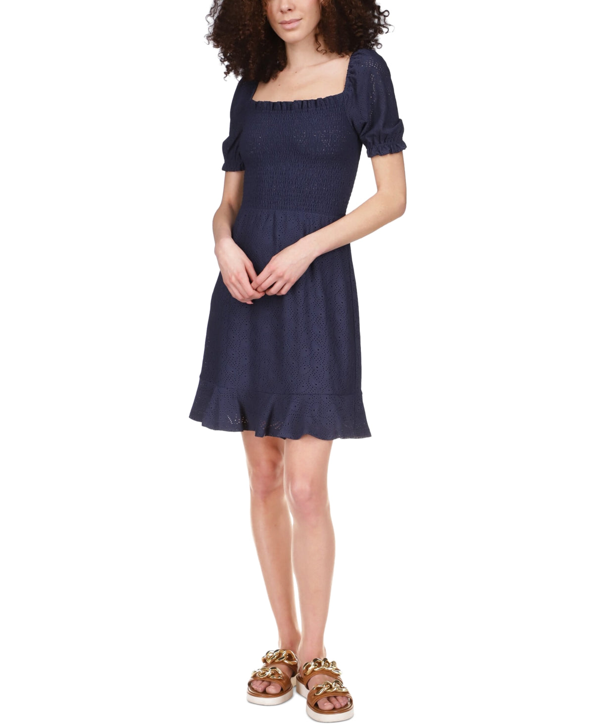 Vestido camponês Michael Kors feminino com ilhós e franzido, azul, tamanho médio