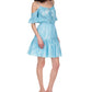 Vestido feminino Michael Kors com decote profundo, ombro vazado, forro com babados, gravata franzida, alças finas, fenda acima do joelho, ajuste flare, azul, tamanho extrapequeno