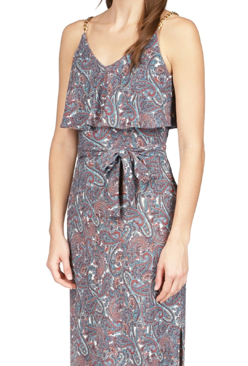 Vestido longo feminino Michael Kors com alça de corrente e estampa paisley, azul, tamanho pequeno