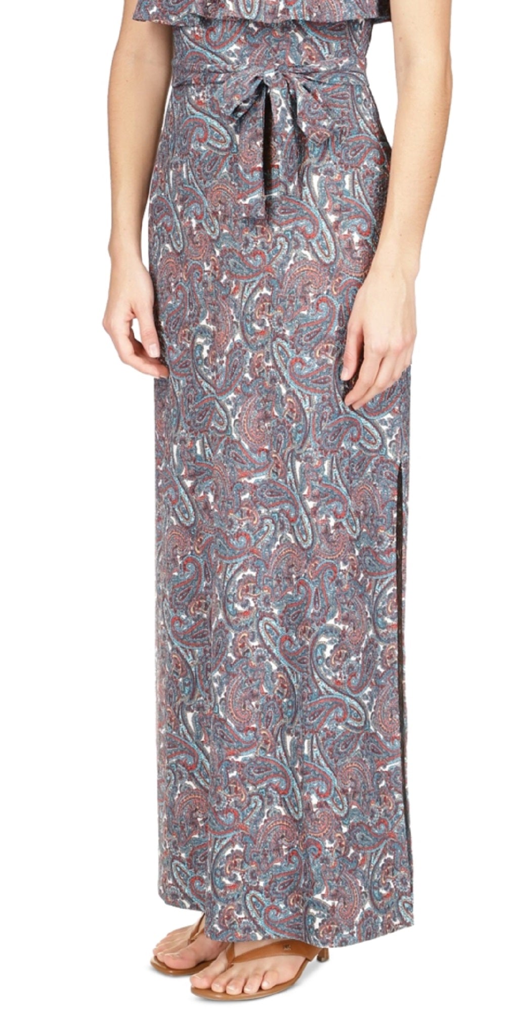 Vestido longo feminino Michael Kors com alça de corrente e estampa paisley, azul, tamanho pequeno