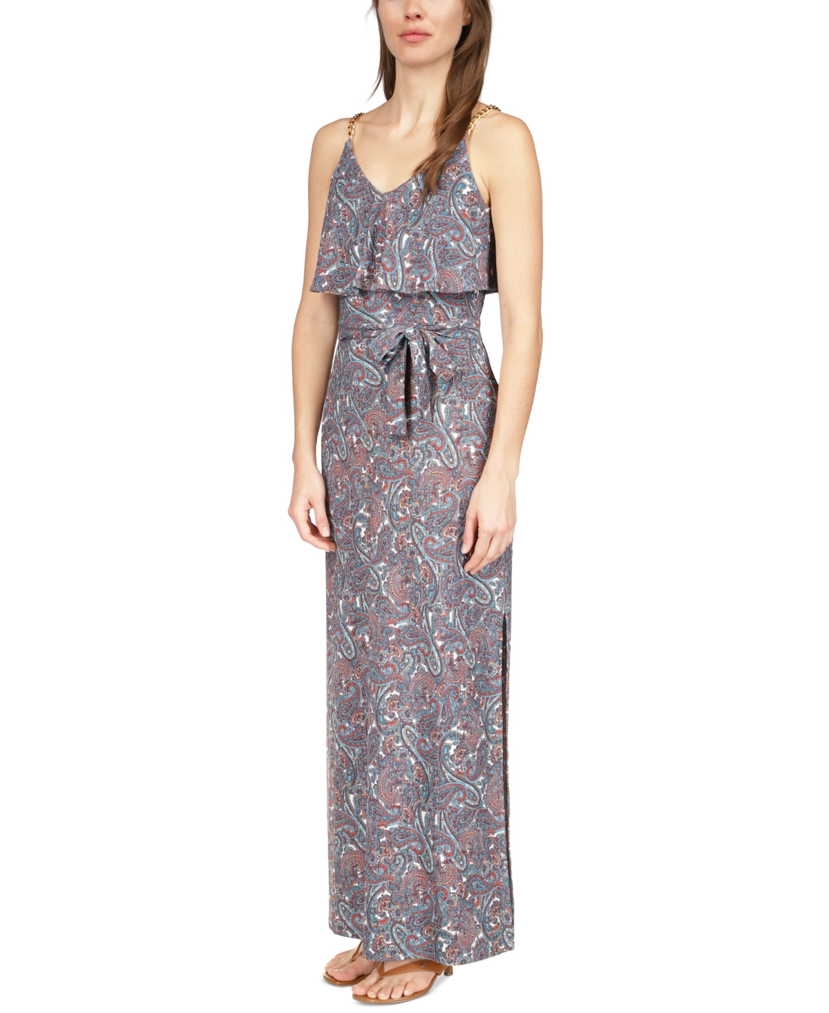 Vestido longo feminino Michael Kors com alça de corrente e estampa paisley, azul, tamanho pequeno