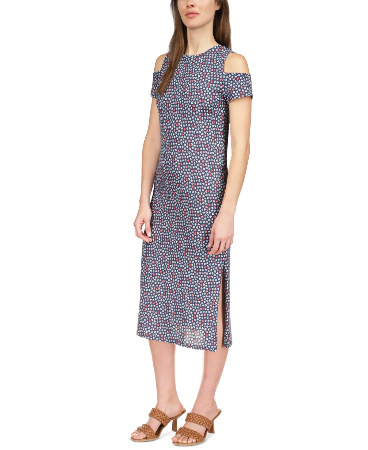Vestido midi feminino Michael Kors Palm com ombros descobertos, azul, tamanho pequeno