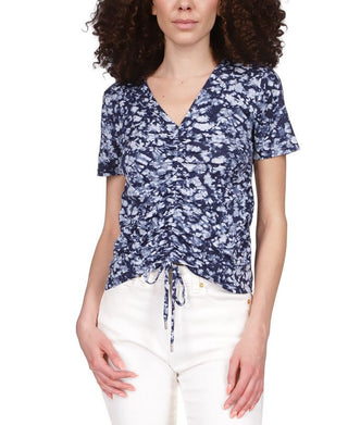 Blusa franzida com estampa tingida Michael Kors feminina, azul, tamanho pequeno, extragrande
