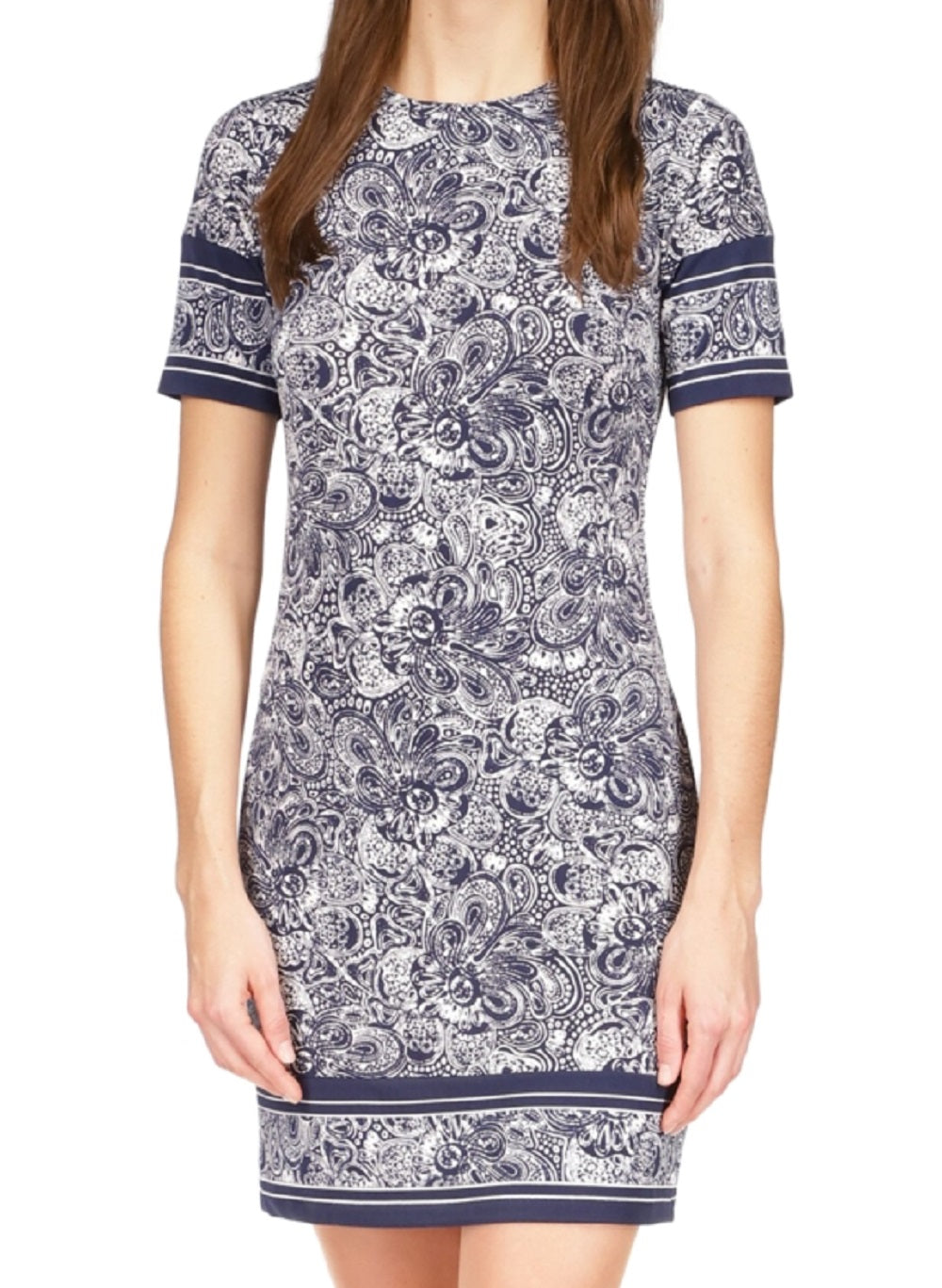 Vestido feminino Michael Kors com estampa Paisley e acabamento em borda, azul, tamanho pequeno e pequeno