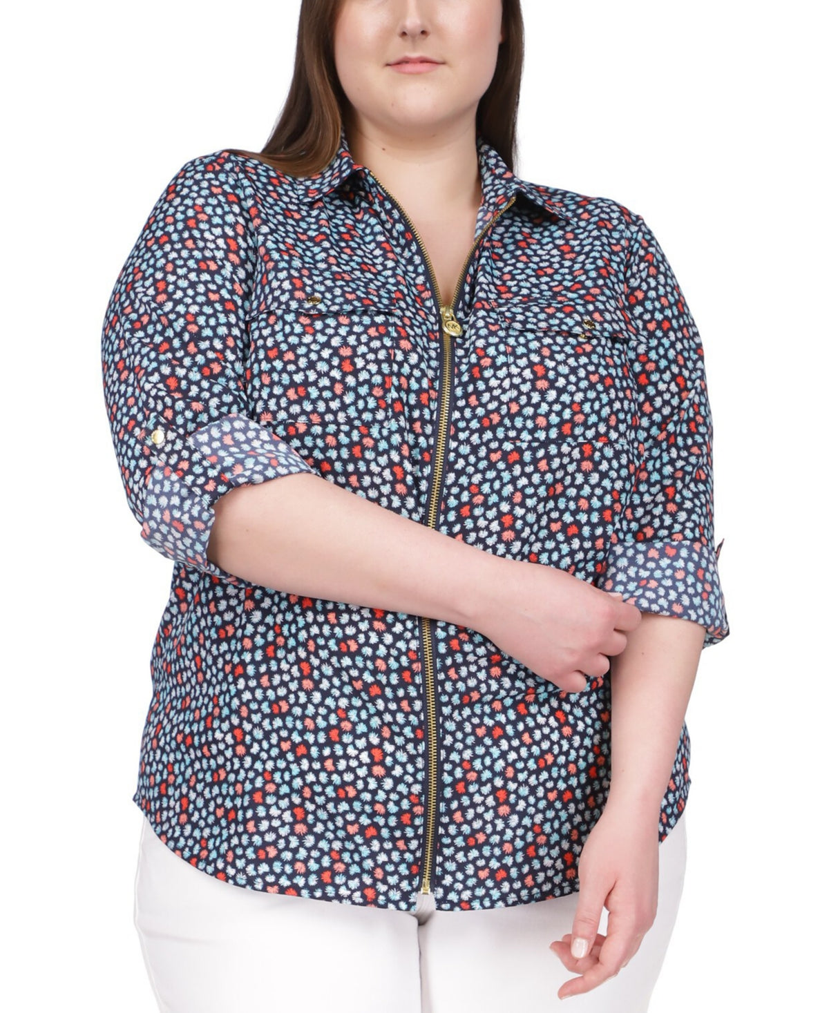 Camisa feminina Michael Kors com zíper frontal azul tamanho 2X