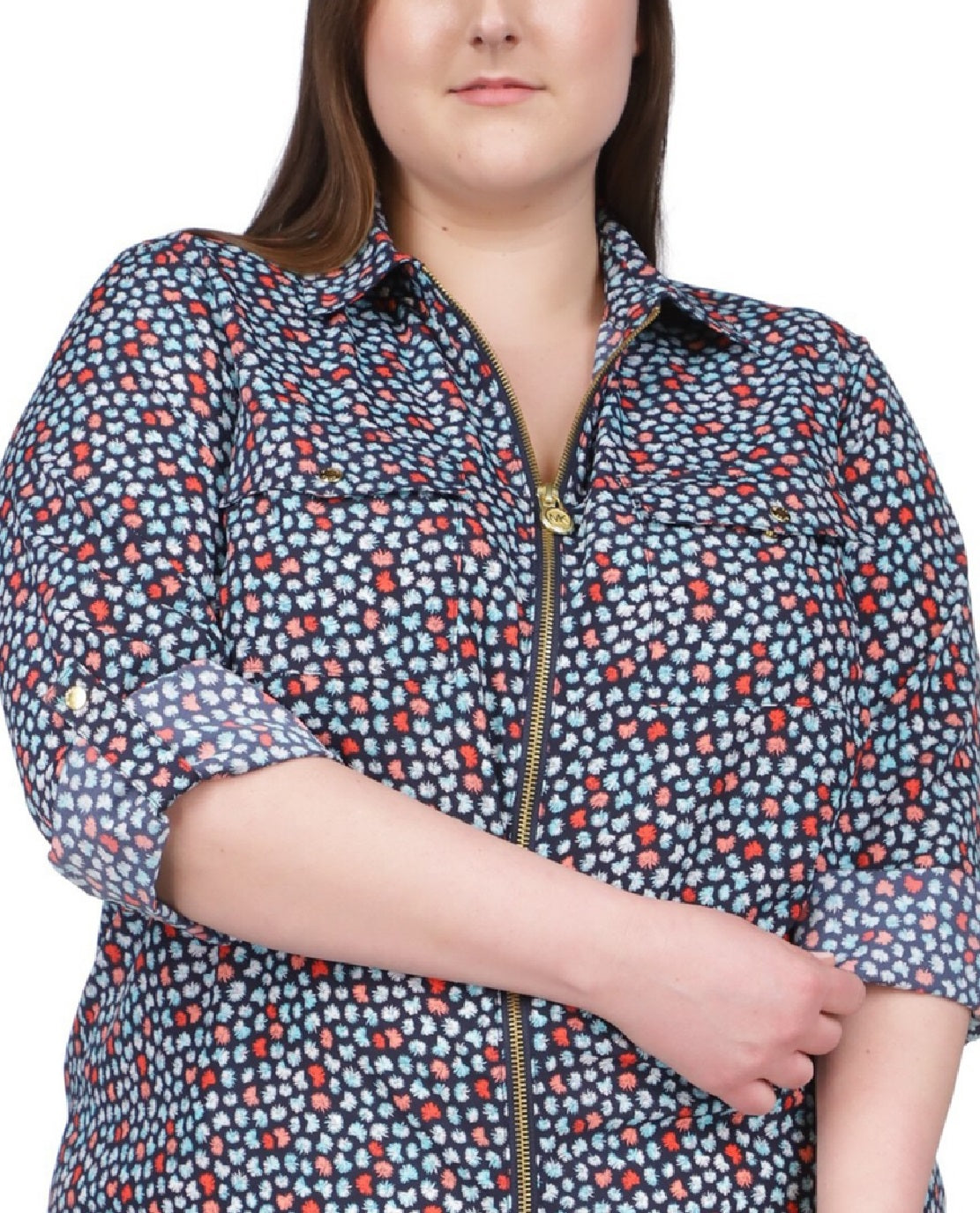 Camisa feminina Michael Kors com zíper frontal azul tamanho 2X