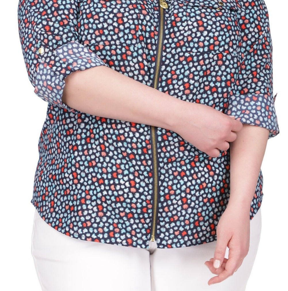 Camisa feminina Michael Kors com zíper frontal azul tamanho 2X