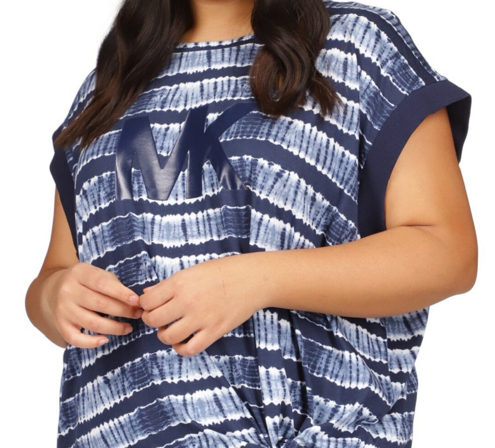 Camiseta feminina estampada Michael Kors com bainha amarrada, azul, tamanho 0X