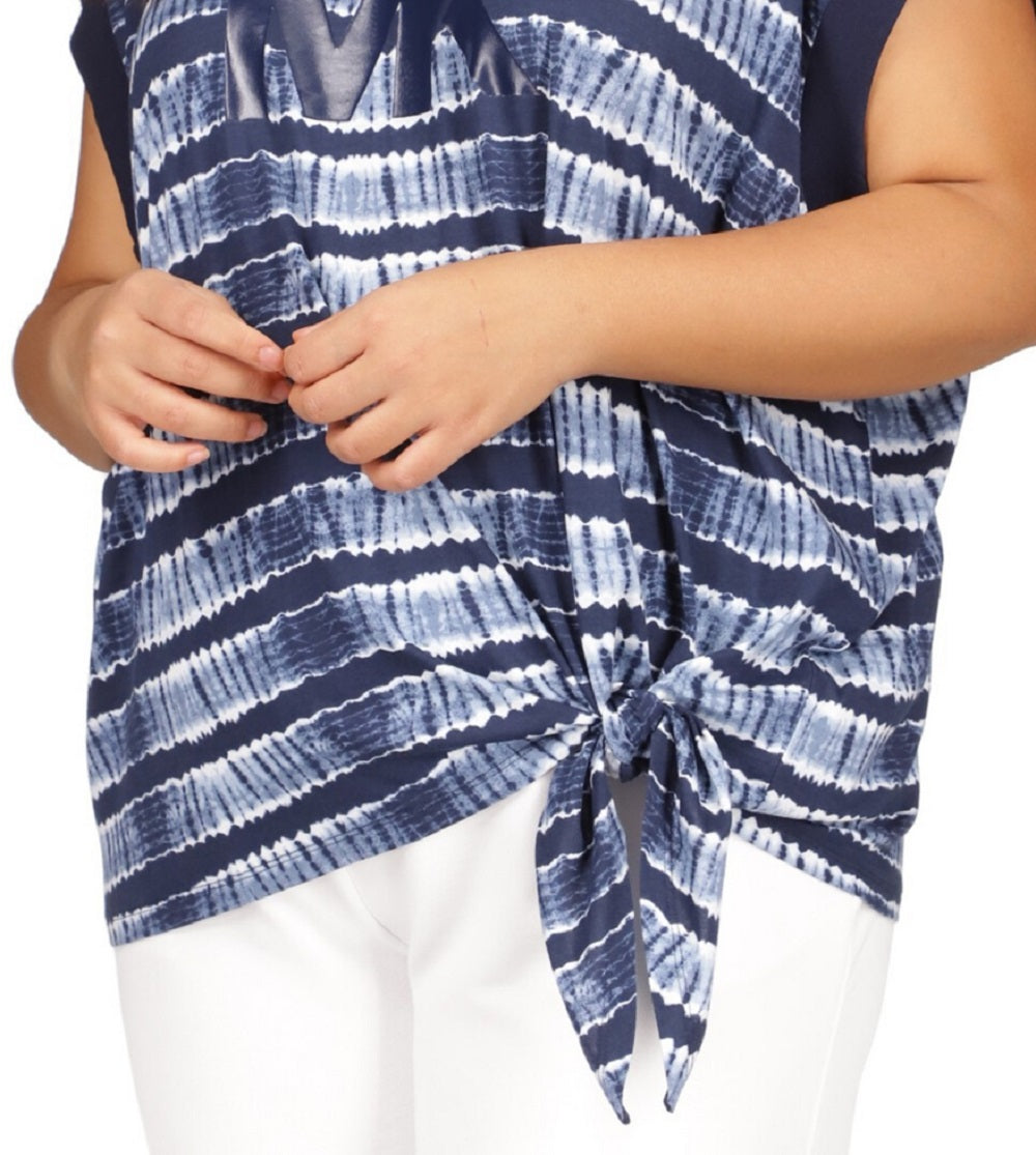 Camiseta feminina estampada Michael Kors com bainha amarrada, azul, tamanho 0X