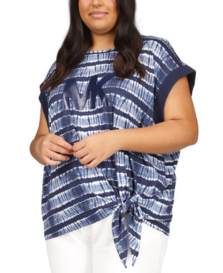 Camiseta feminina estampada Michael Kors com bainha amarrada, azul, tamanho 0X