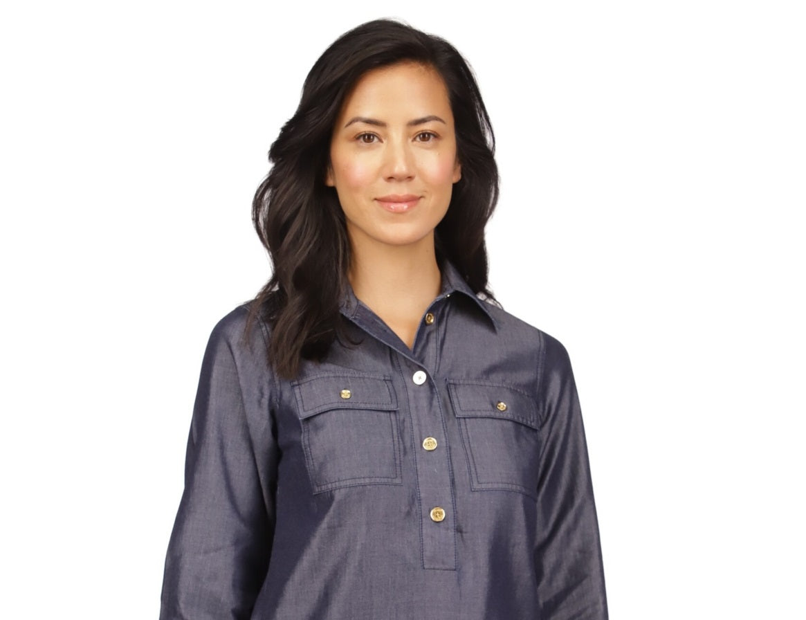 Blusa túnica feminina Michael Kors com botões de um quarto e manga comprida, azul, tamanho grande