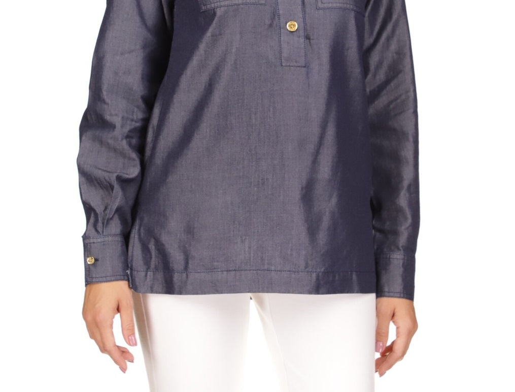 Blusa túnica feminina Michael Kors com botões de um quarto e manga comprida, azul, tamanho grande