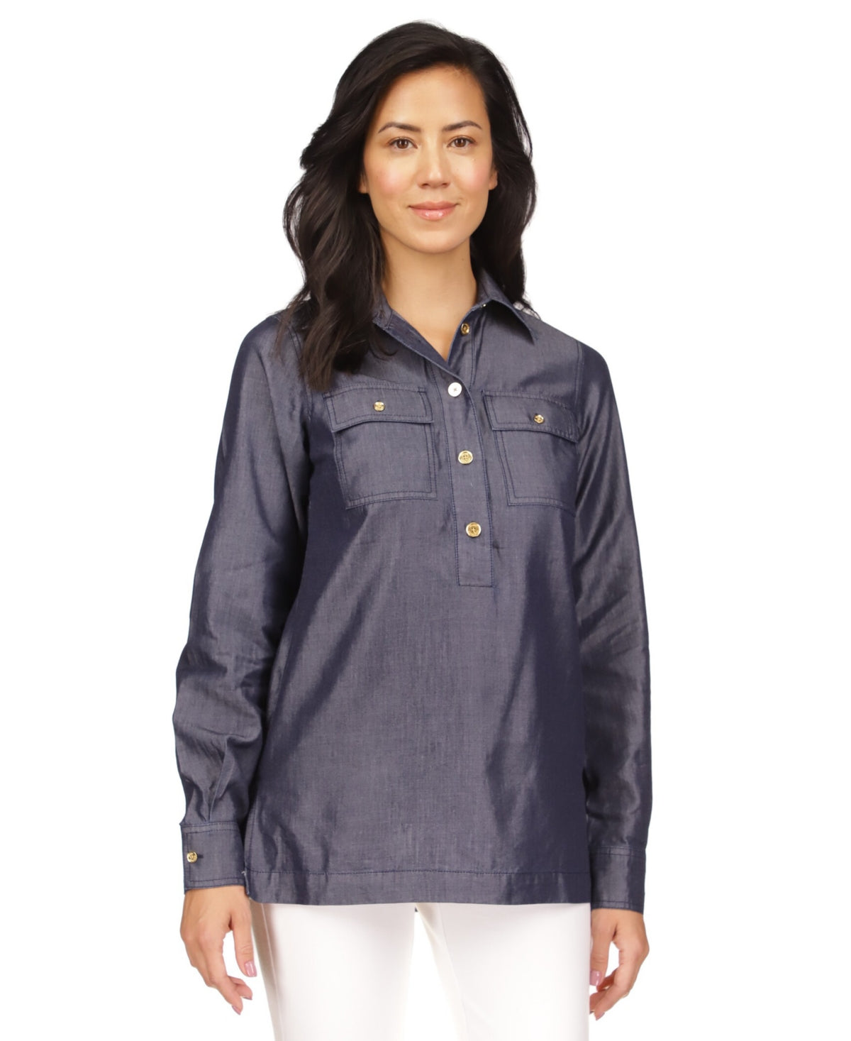 Blusa túnica feminina Michael Kors com botões de um quarto e manga comprida, azul, tamanho grande
